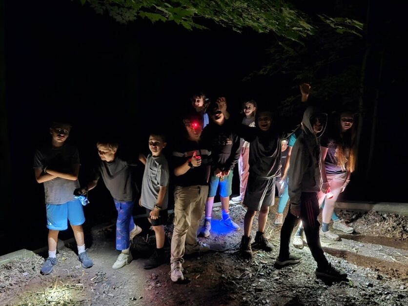 a group of campers in the dark at night