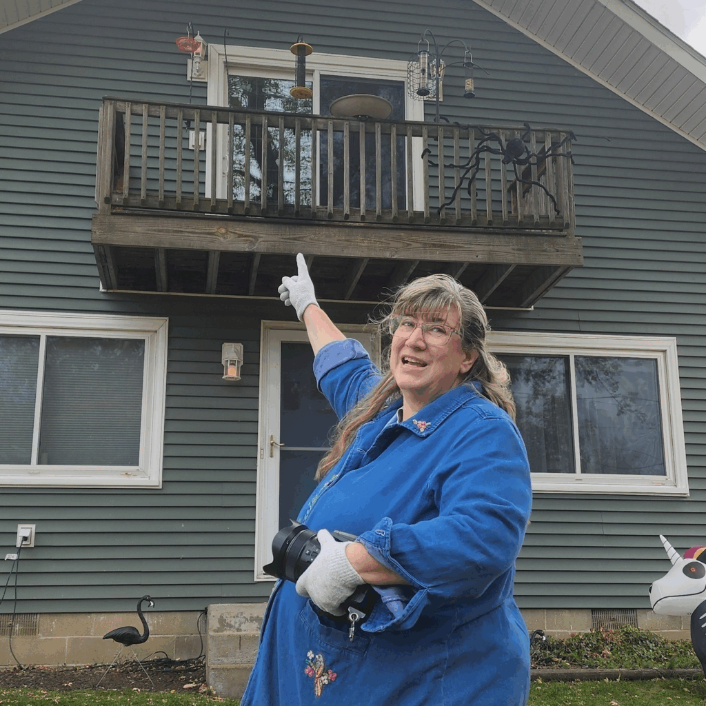 woman in blue shirt points to porch where bird feeder sits