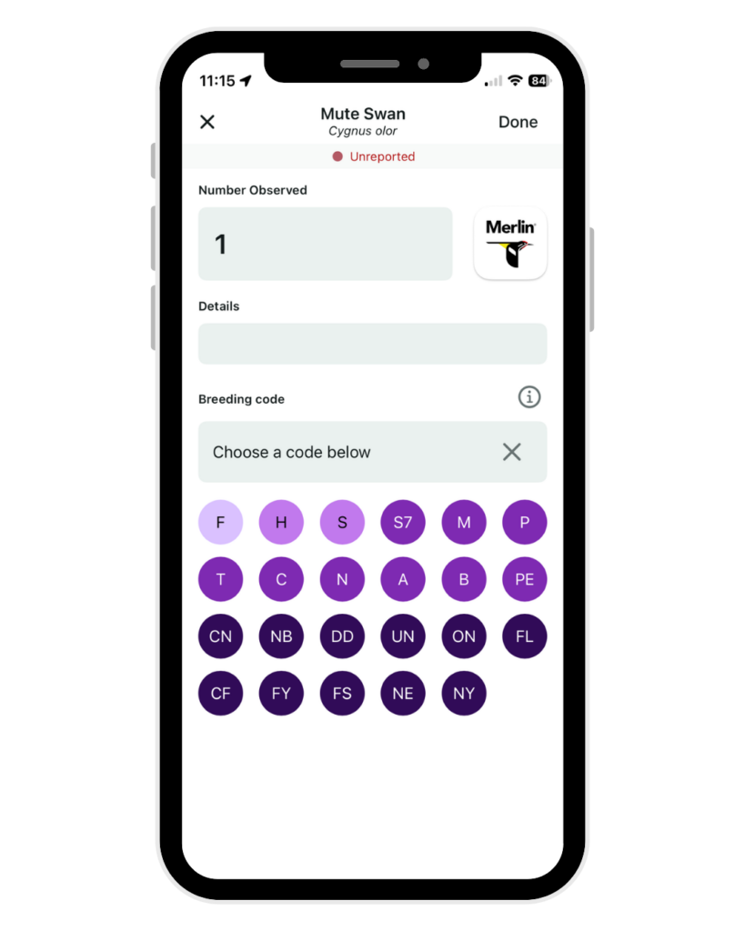 a phone with mute swan written on it and breeding code options